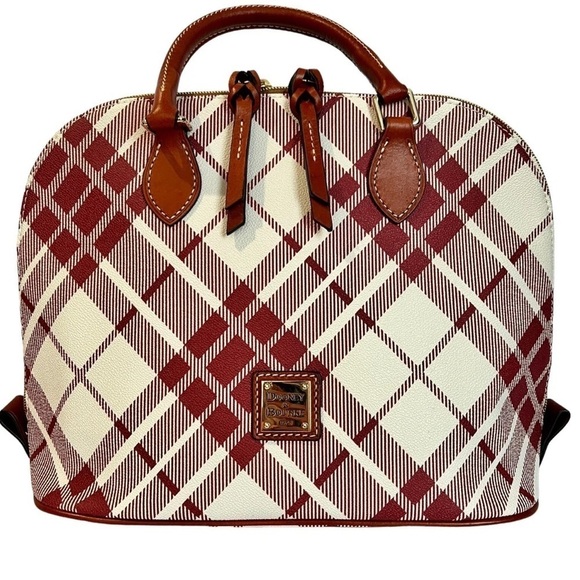 Vintage Dooney and Bourke Cranberry Plaid Leather Zip Zip Domed Satchel Handbag - Picture 1 of 12